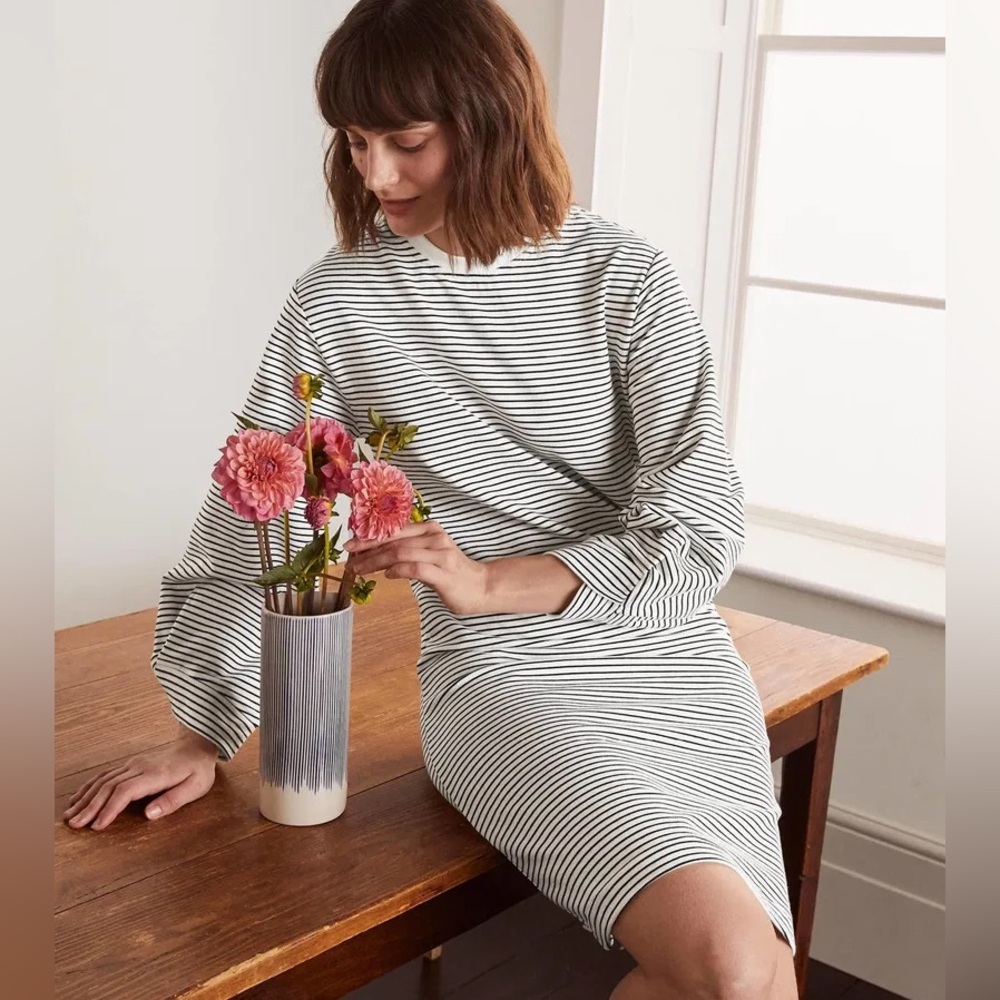 Boden White and Black Striped Long Sleeve Shift Dress